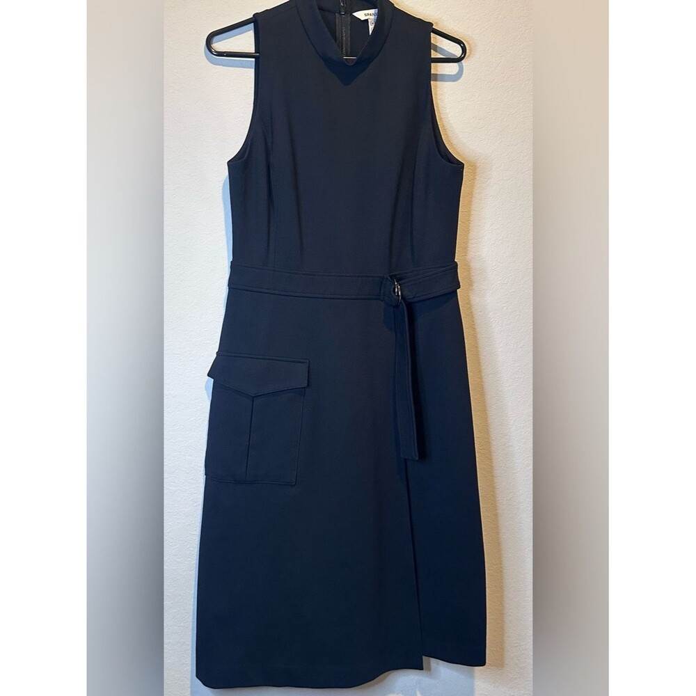 SPANX Women Black Sleeveless Ponte Faux Wrap Belted Mock Neck Midi Dress
